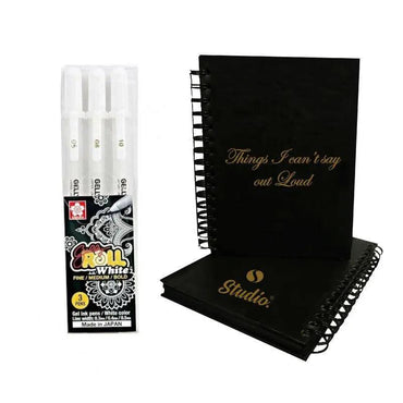 Studio Hardcover Black Paper Notebook With 3 pieces Classic Sakura White Gelly Rollers The Stationers